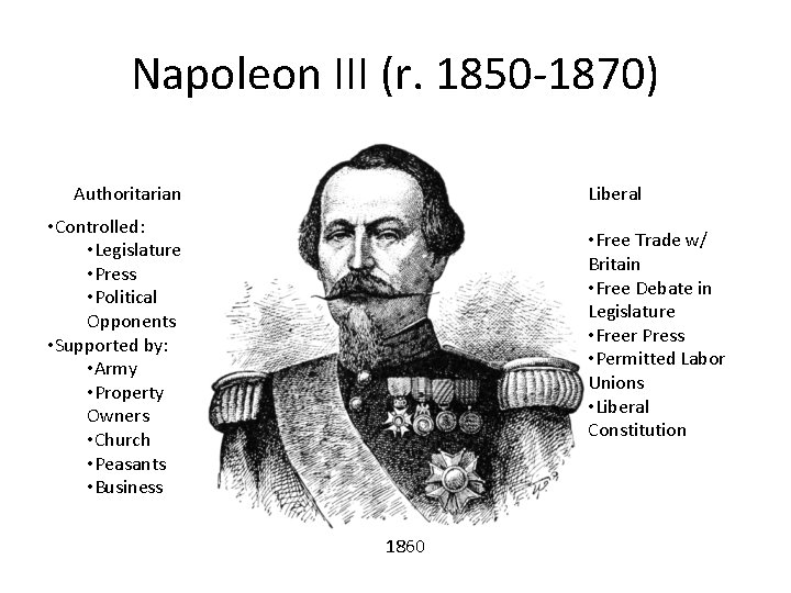 Napoleon III (r. 1850‐ 1870) Authoritarian Liberal • Controlled: • Legislature • Press •