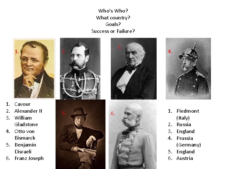 Who’s Who? What country? Goals? Success or Failure? 1. Cavour 2. Alexander II 3.