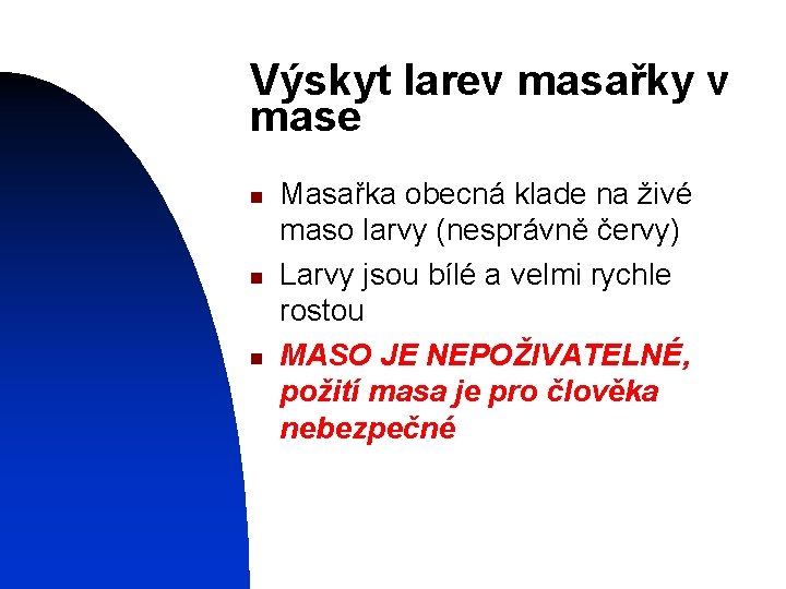 Výskyt larev masařky v mase n n n Masařka obecná klade na živé maso