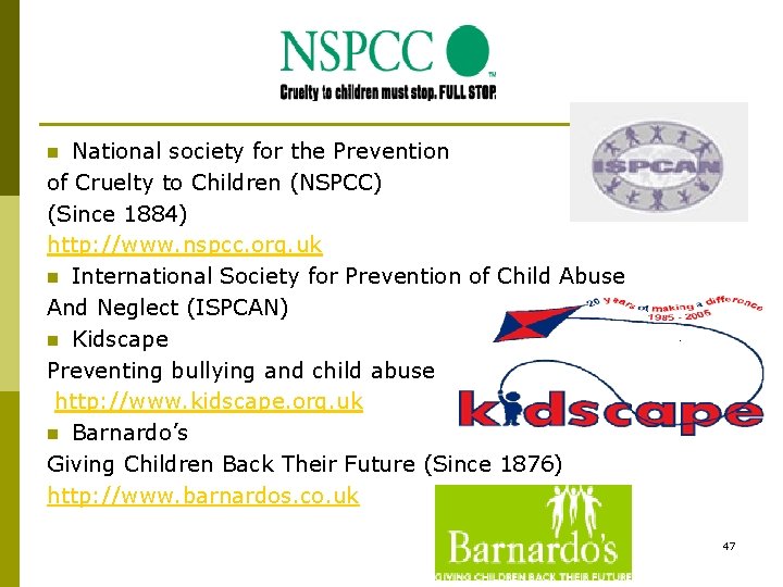 National society for the Prevention of Cruelty to Children (NSPCC) (Since 1884) http: //www. National society for the Prevention of Cruelty to Children (NSPCC) (Since 1884) http: //www.