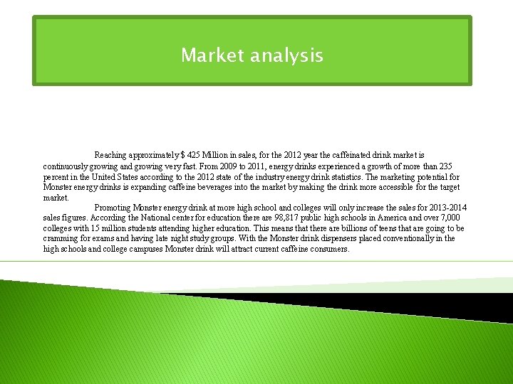 Market analysis Reaching approximately $ 425 Million in sales, for the 2012 year the