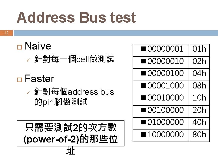 Address Bus test 12 Naive ü 針對每一個cell做測試 Faster ü 針對每個address bus 的pin腳做測試 只需要測試 2的次方數