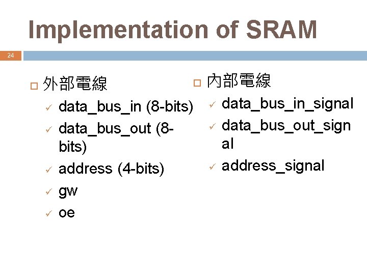 Implementation of SRAM 24 外部電線 ü ü ü data_bus_in (8 -bits) data_bus_out (8 bits)