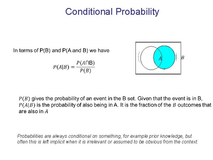 Conditional Probability Probabilities are always conditional on something, for example prior knowledge, but often