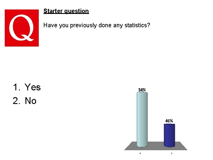 Starter question Have you previously done any statistics? 1. Yes 2. No 