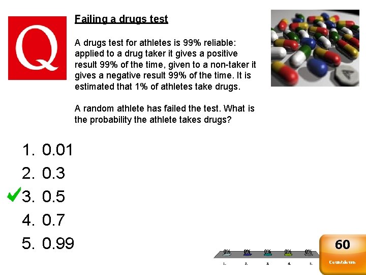 Failing a drugs test A drugs test for athletes is 99% reliable: applied to