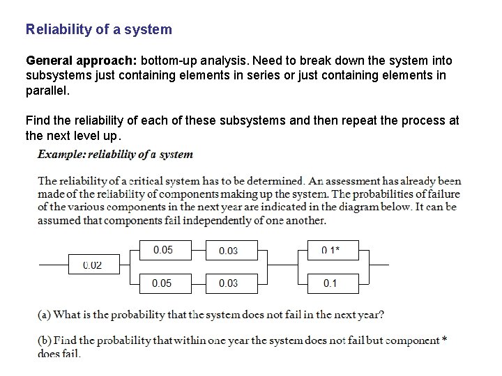 Reliability of a system General approach: bottom-up analysis. Need to break down the system