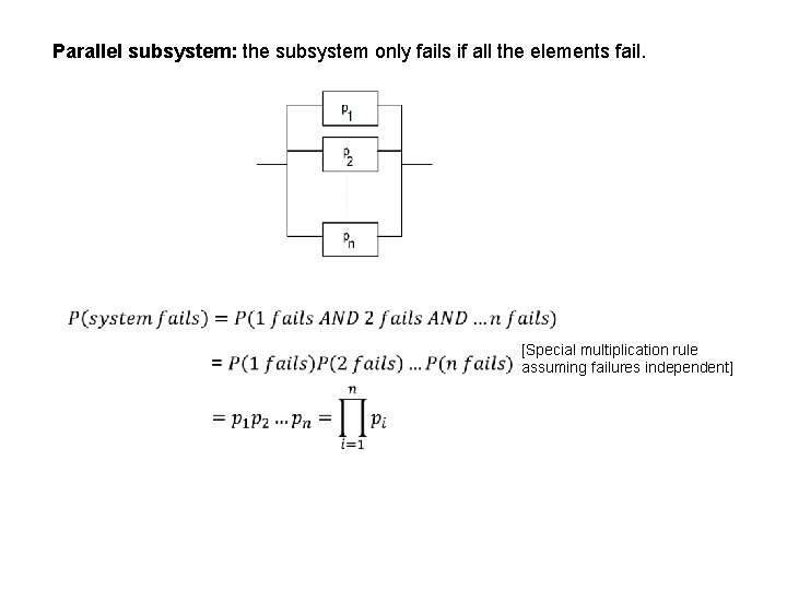 Parallel subsystem: the subsystem only fails if all the elements fail. [Special multiplication rule
