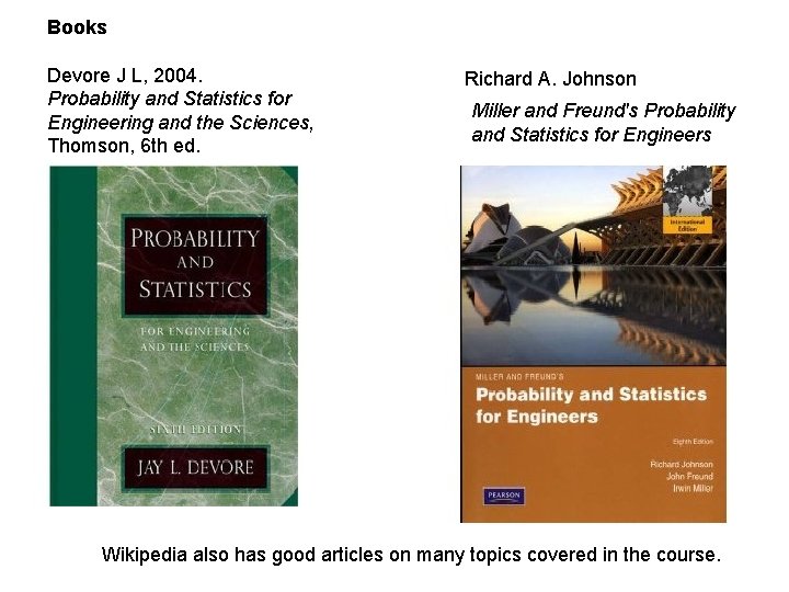 Books Devore J L, 2004. Probability and Statistics for Engineering and the Sciences, Thomson,