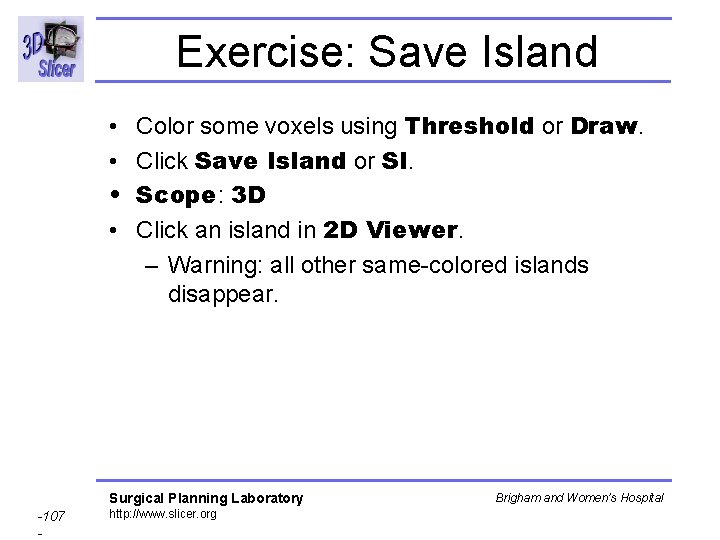 Exercise: Save Island • • Color some voxels using Threshold or Draw. Click Save Exercise: Save Island • • Color some voxels using Threshold or Draw. Click Save
