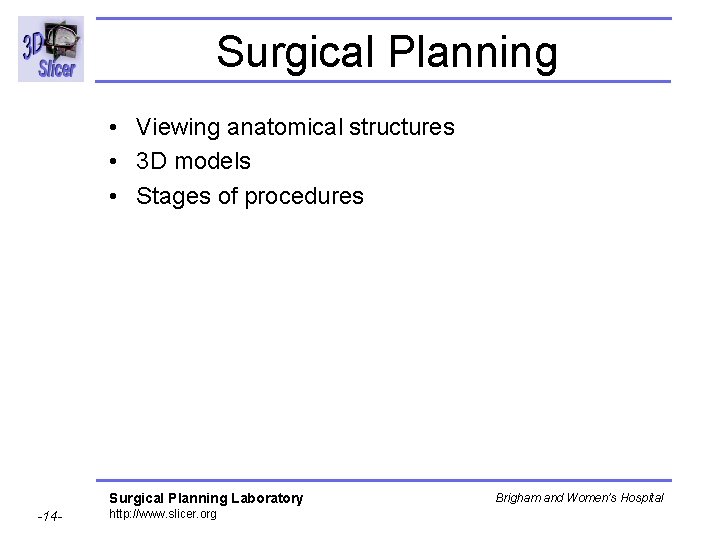 Surgical Planning • Viewing anatomical structures • 3 D models • Stages of procedures Surgical Planning • Viewing anatomical structures • 3 D models • Stages of procedures