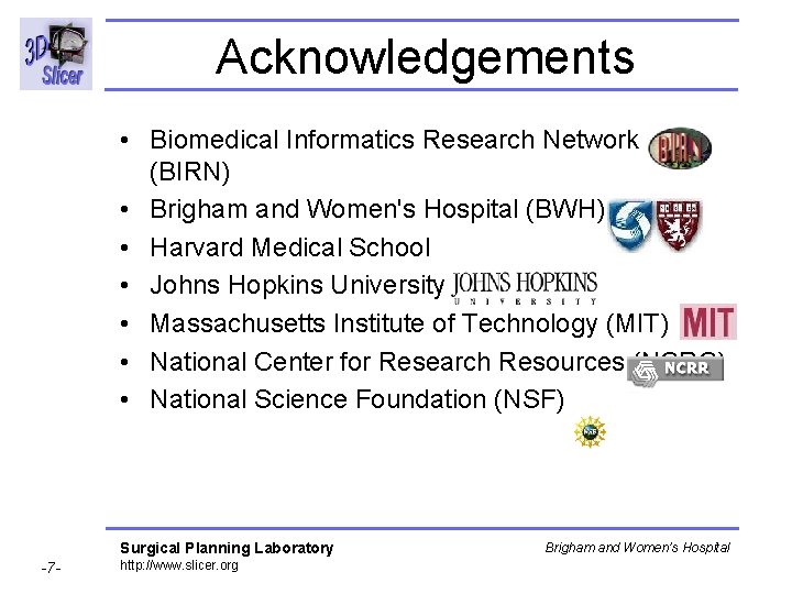 Acknowledgements • Biomedical Informatics Research Network (BIRN) • Brigham and Women's Hospital (BWH) • Acknowledgements • Biomedical Informatics Research Network (BIRN) • Brigham and Women's Hospital (BWH) •