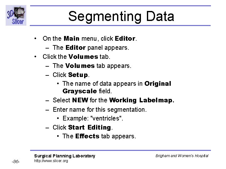 Segmenting Data • On the Main menu, click Editor. – The Editor panel appears. Segmenting Data • On the Main menu, click Editor. – The Editor panel appears.