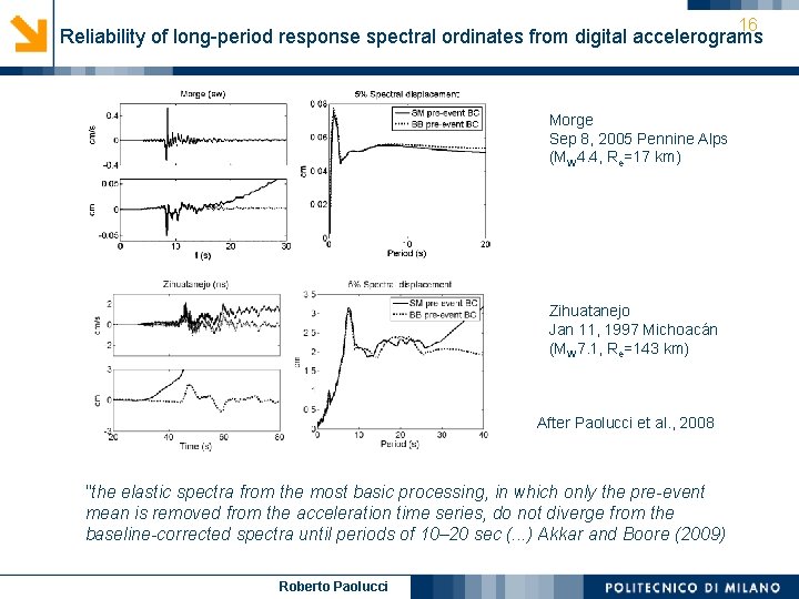 16 Reliability of long-period response spectral ordinates from digital accelerograms Morge Sep 8, 2005 16 Reliability of long-period response spectral ordinates from digital accelerograms Morge Sep 8, 2005