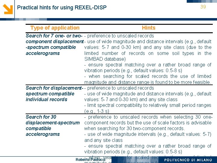 39 Practical hints for using REXEL-DISP Type of application Hints Search for 7 one-