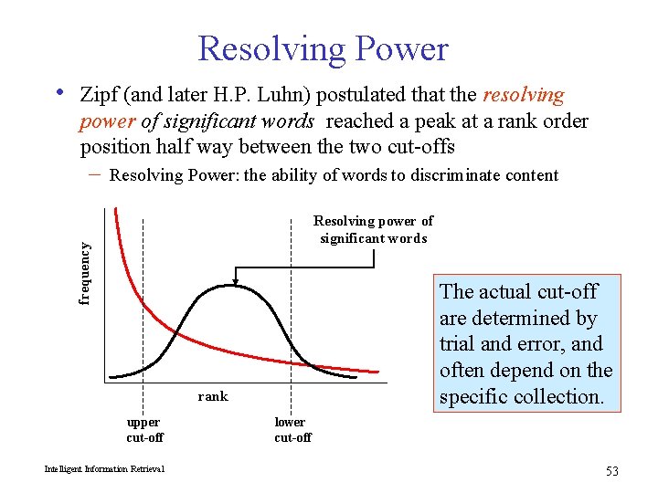 Resolving Power • Zipf (and later H. P. Luhn) postulated that the resolving power