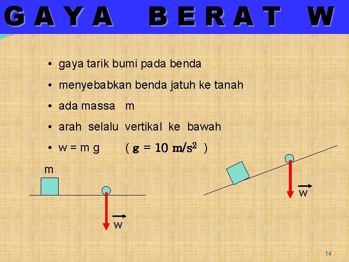 GAYA BERAT W • gaya tarik bumi pada benda • menyebabkan benda jatuh ke