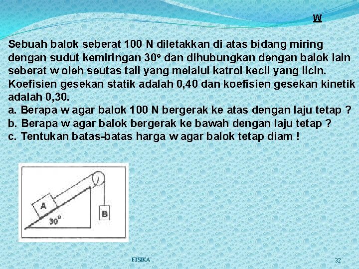 W Sebuah balok seberat 100 N diletakkan di atas bidang miring dengan sudut kemiringan