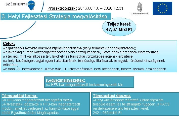 Projektidőszak: 2016. 06. 10. – 2020. 12. 31. 3. Helyi Fejlesztési Stratégia megvalósítása Teljes