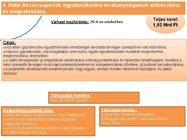 4. Helyi Akciócsoportok együttműködési tevékenységeinek előkészítése és megvalósítása Várható meghirdetés: 2016 novemberben Teljes keret: