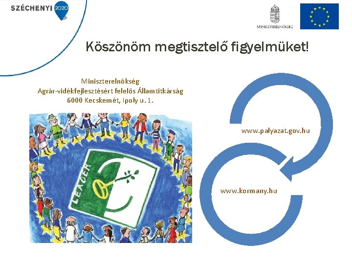 Köszönöm megtisztelő figyelmüket! Miniszterelnökség Agrár-vidékfejlesztésért felelős Államtitkárság 6000 Kecskemét, Ipoly u. 1. www. palyazat.