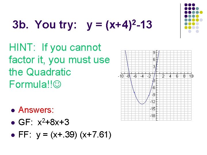 3 b. You try: y = (x+4)2 -13 HINT: If you cannot factor it,