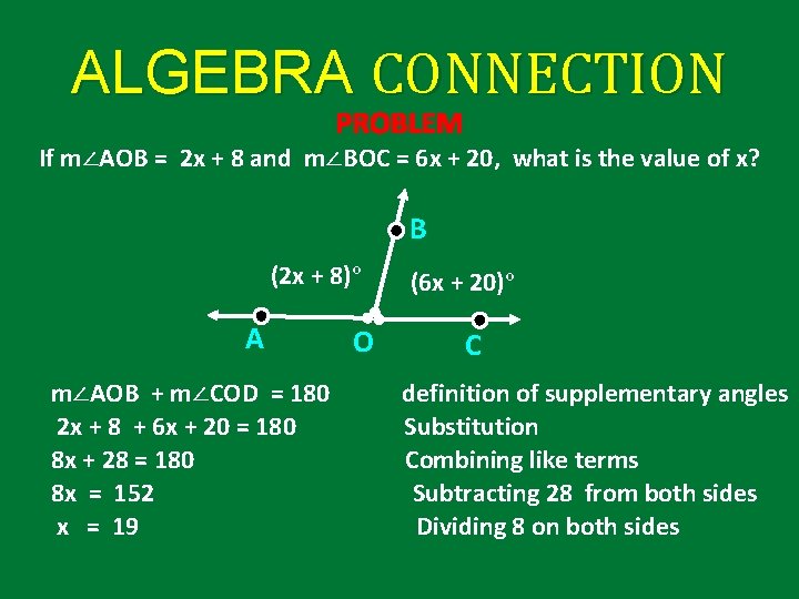 ALGEBRA CONNECTION PROBLEM If m∠AOB = 2 x + 8 and m∠BOC = 6 ALGEBRA CONNECTION PROBLEM If m∠AOB = 2 x + 8 and m∠BOC = 6