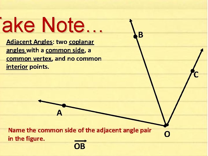 Take Note… Adjacent Angles: two coplanar angles with a common side, a common vertex, Take Note… Adjacent Angles: two coplanar angles with a common side, a common vertex,