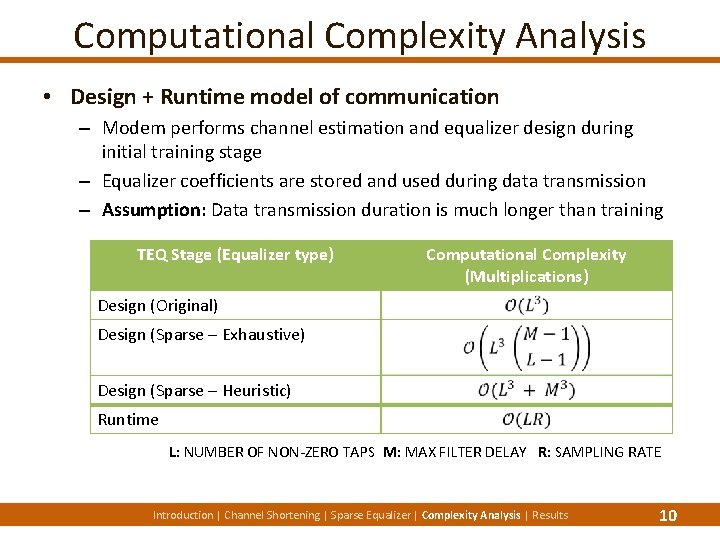Computational Complexity Analysis • Design + Runtime model of communication – Modem performs channel