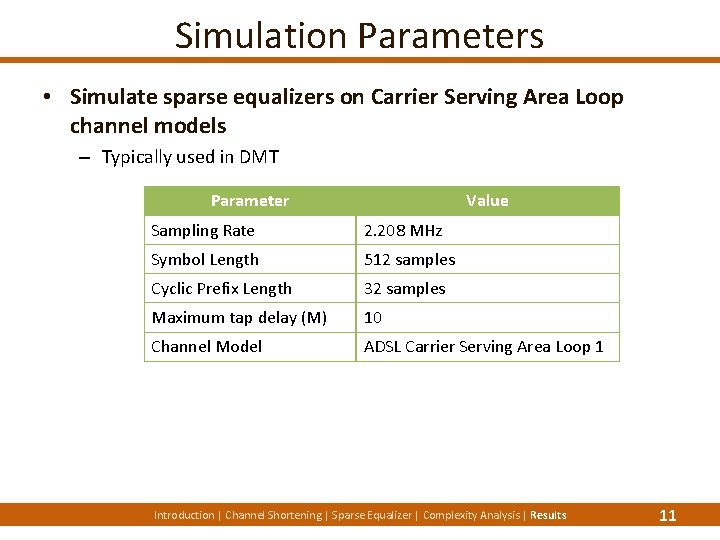 Simulation Parameters • Simulate sparse equalizers on Carrier Serving Area Loop channel models –