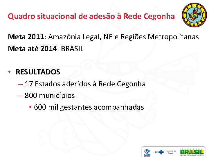 Quadro situacional de adesão à Rede Cegonha Meta 2011: Amazônia Legal, NE e Regiões