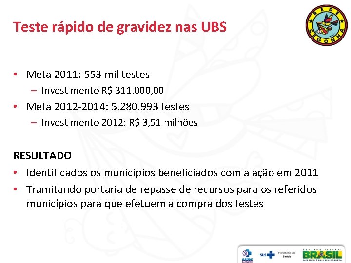 Teste rápido de gravidez nas UBS • Meta 2011: 553 mil testes – Investimento