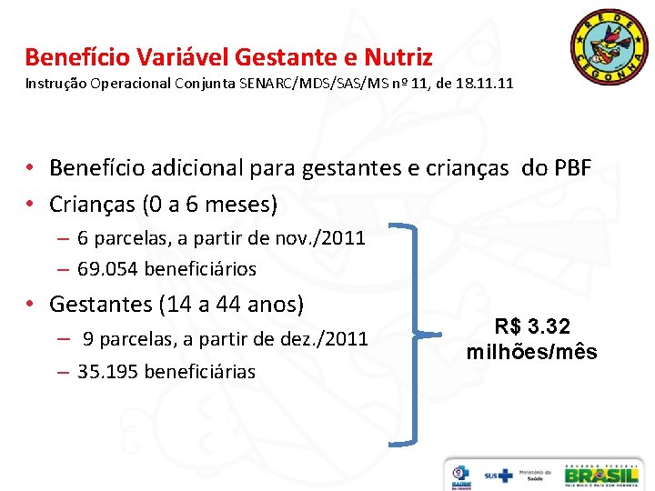 Benefício Variável Gestante e Nutriz Instrução Operacional Conjunta SENARC/MDS/SAS/MS nº 11, de 18. 11