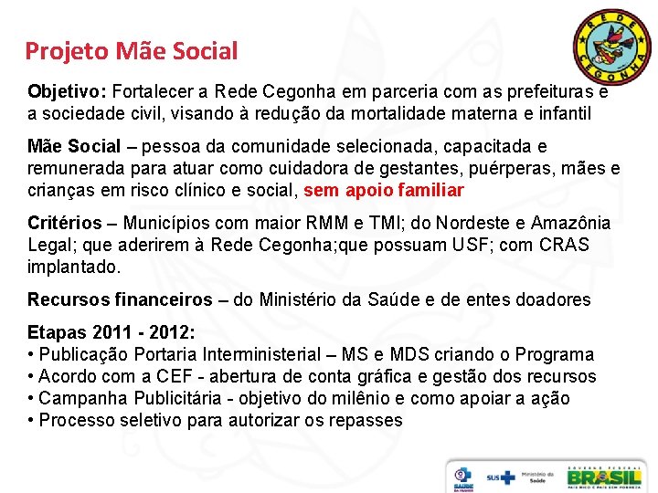 Projeto Mãe Social Objetivo: Fortalecer a Rede Cegonha em parceria com as prefeituras e