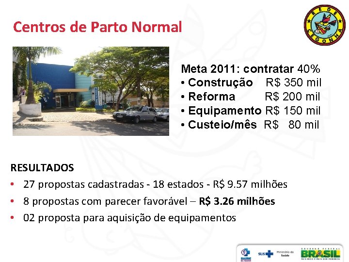 Centros de Parto Normal Meta 2011: contratar 40% • Construção R$ 350 mil •