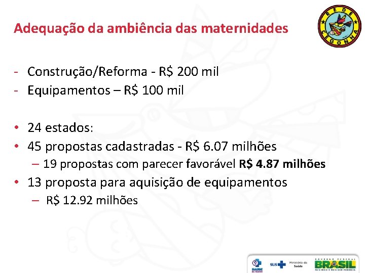 Adequação da ambiência das maternidades - Construção/Reforma - R$ 200 mil - Equipamentos –