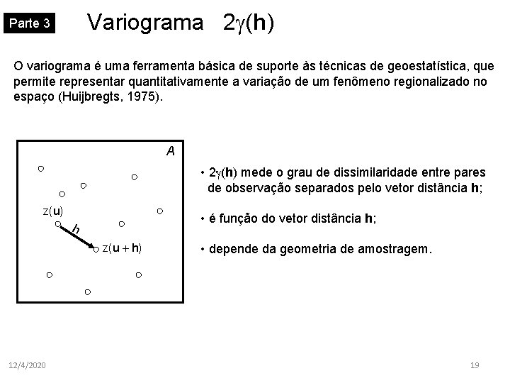 Variograma 2 (h) Parte 3 O variograma é uma ferramenta básica de suporte às