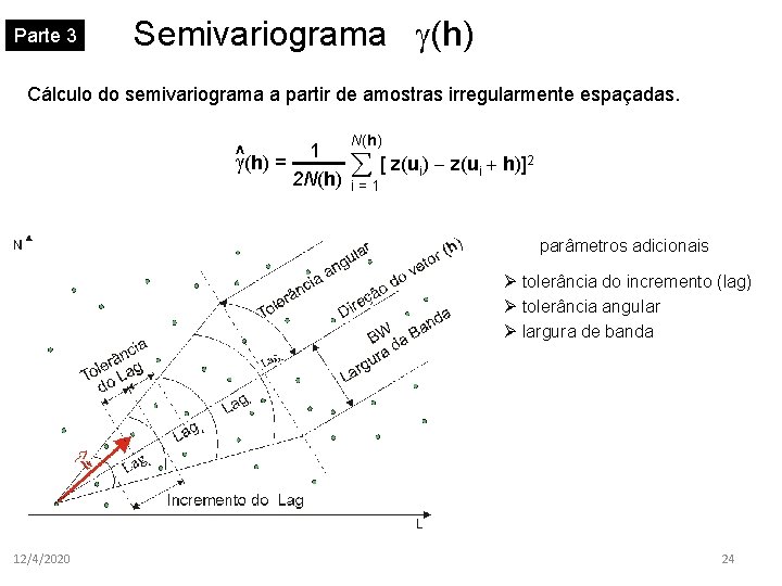 Parte 3 Semivariograma (h) Cálculo do semivariograma a partir de amostras irregularmente espaçadas. ^