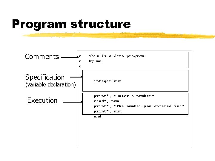Program structure Comments Specification (variable declaration) Execution c c c This is a demo