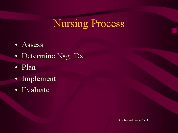 Nursing Process • • • Assess Determine Nsg. Dx. Plan Implement Evaluate Gebbie and