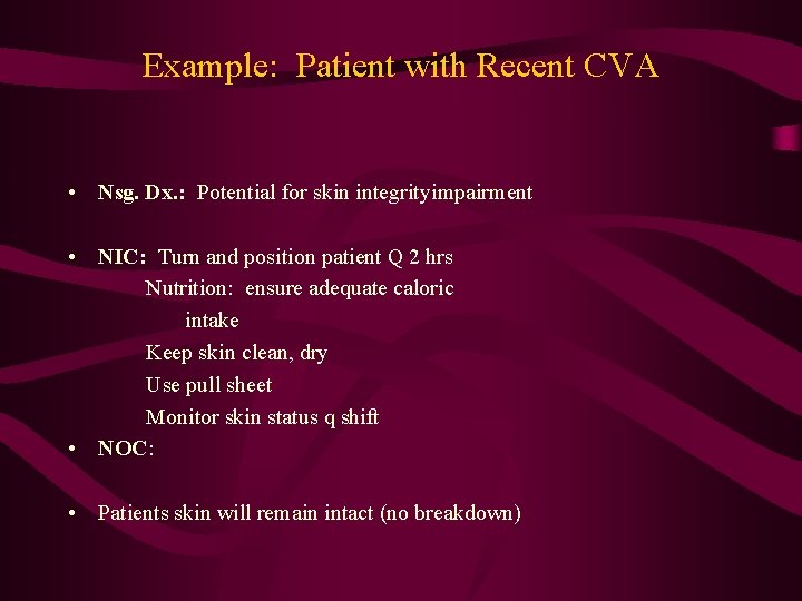 Example: Patient with Recent CVA • Nsg. Dx. : Potential for skin integrityimpairment •