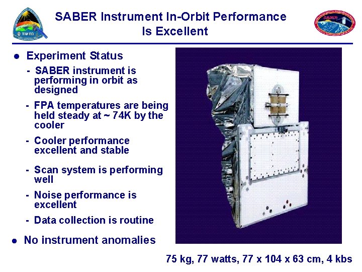 SABER Instrument In-Orbit Performance Is Excellent l Experiment Status - SABER instrument is performing