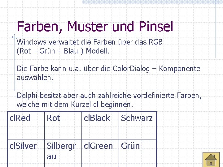 Farben, Muster und Pinsel Windows verwaltet die Farben über das RGB (Rot – Grün