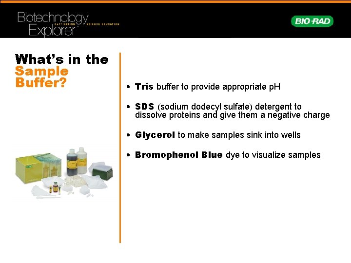 What’s in the Sample Buffer? • Tris buffer to provide appropriate p. H •