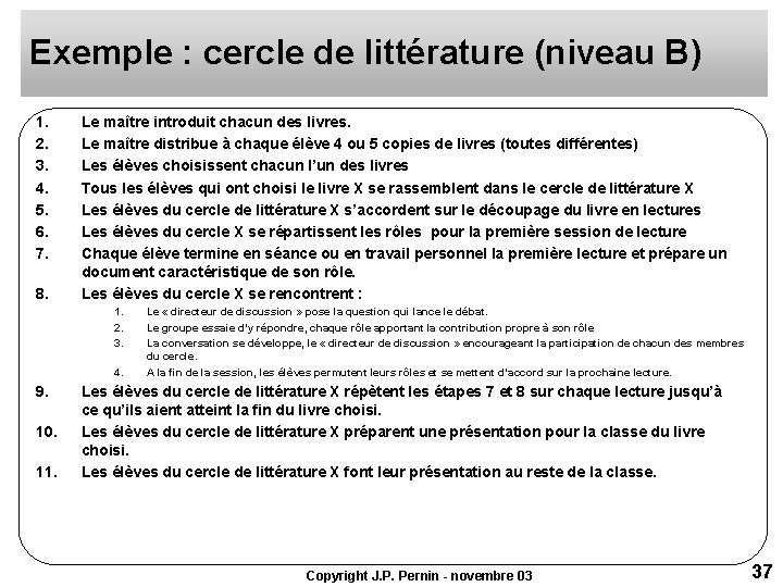 Exemple : cercle de littérature (niveau B) 1. 2. 3. 4. 5. 6. 7. Exemple : cercle de littérature (niveau B) 1. 2. 3. 4. 5. 6. 7.