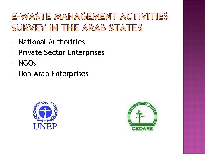 National Authorities Private Sector Enterprises NGOs Non-Arab Enterprises National Authorities Private Sector Enterprises NGOs Non-Arab Enterprises