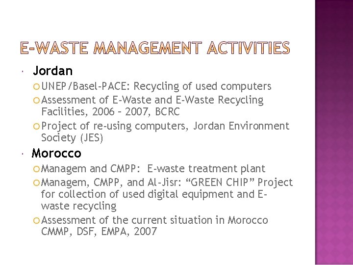 Jordan UNEP/Basel-PACE: Recycling of used computers Assessment of E-Waste and E-Waste Recycling Facilities, Jordan UNEP/Basel-PACE: Recycling of used computers Assessment of E-Waste and E-Waste Recycling Facilities,