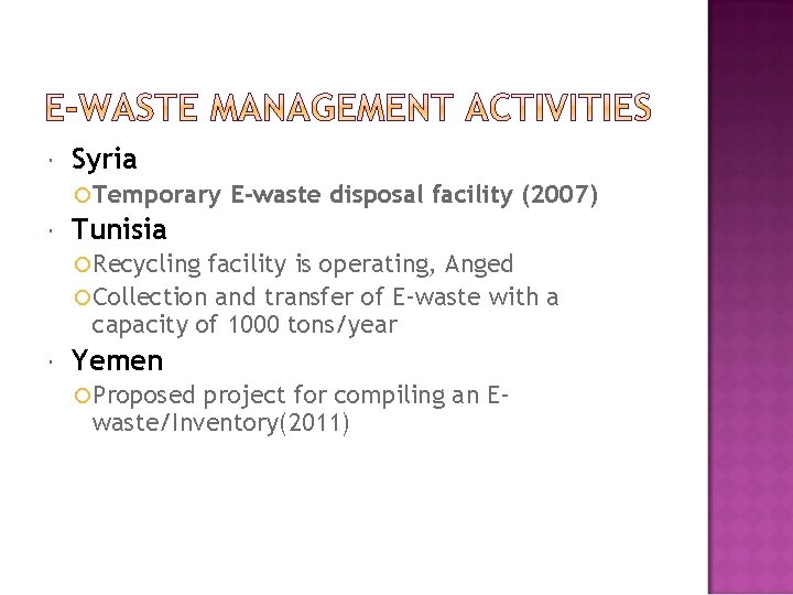 Syria Temporary E-waste disposal facility (2007) Tunisia Recycling facility is operating, Anged Collection Syria Temporary E-waste disposal facility (2007) Tunisia Recycling facility is operating, Anged Collection