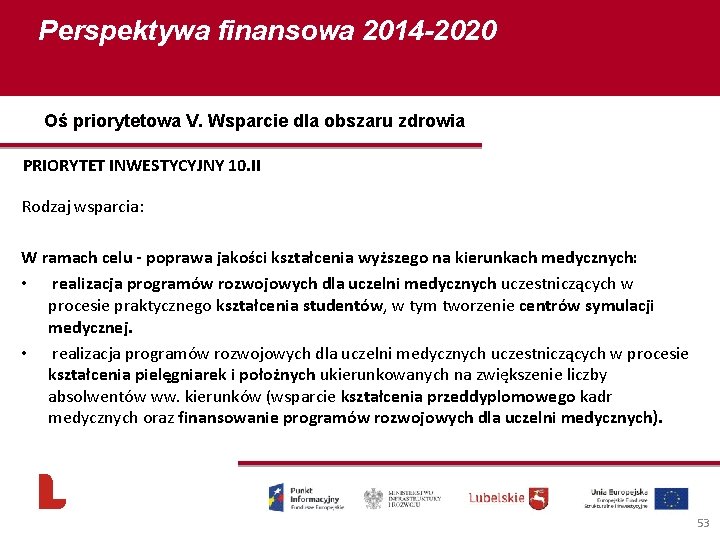 Perspektywa finansowa 2014 -2020 Oś priorytetowa V. Wsparcie dla obszaru zdrowia PRIORYTET INWESTYCYJNY 10.