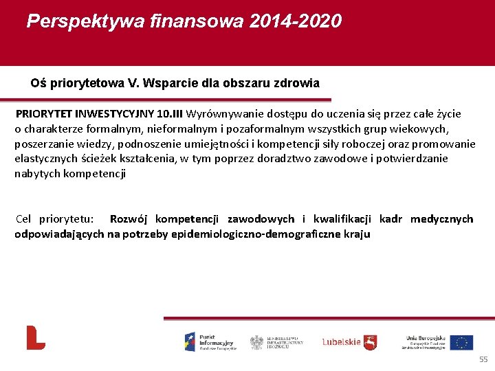 Perspektywa finansowa 2014 -2020 Oś priorytetowa V. Wsparcie dla obszaru zdrowia PRIORYTET INWESTYCYJNY 10.